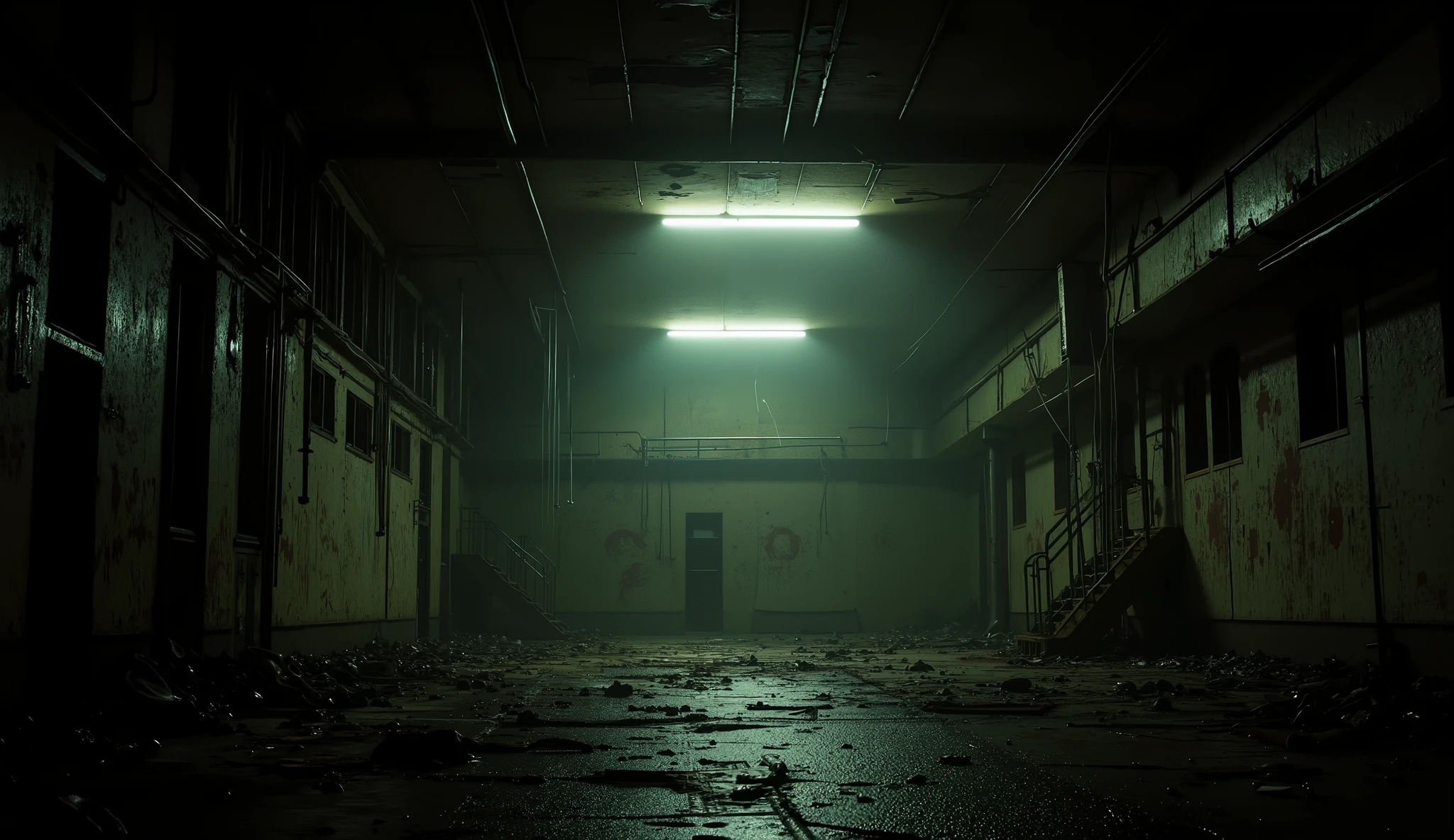 Abandoned asylum interior, decayed and eerie, horror movie style, flickering lights, unsettling ambiance.