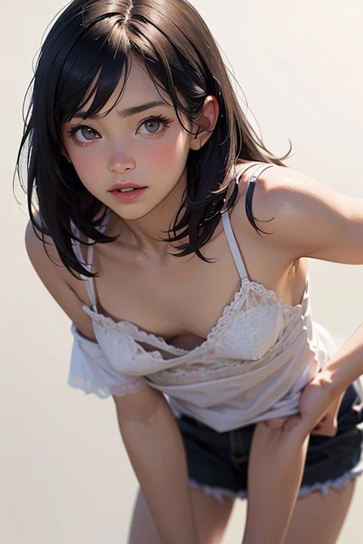 (nsfw),One girl, alone, (Realistic:1.4), Very delicate and beautiful, (Highest quality:1.4), (Skin with attention to detail:1.4), Glowing Eyes, goddess, Shiny skin, Beautifully detailed face, Real skin texture, Expressive eyes, Seductive lips, Glossy Lips, Natural Makeup, Golden short hair, Purple eyes, (Wet(White:1.3)Collared shirt:1.3), (Her shirt is see-through and her nipples are clearly visible:1.3),Suggestive Gaze, An elegant and attractive posture, Upper Body Shot, (From below:1 .4),(Whiteの背景:1.4)