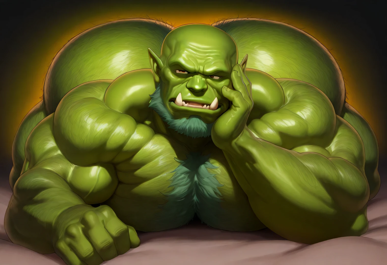 solo,Huge beefy (green) frog humanoid form beastmen.(Ejaculate,sweat:1.3).(Drooling:1.5).Laugh.tongue,lie down in the bed.Masturbate.hand on penis,Getting an erection.Big cock.(all(green):1.2),fat