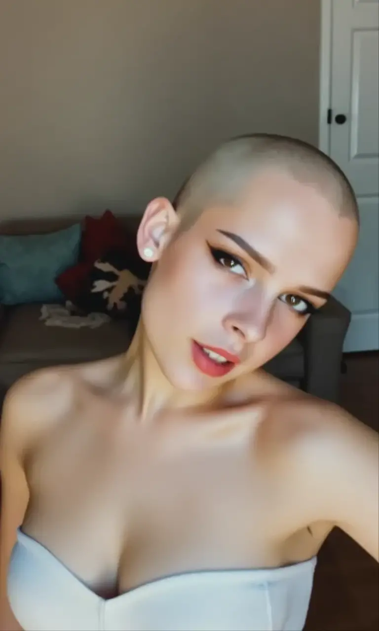 Lovely naked young woman with a pink buzz cut is eagerly licking a sticky milky liquid from her fingers. full bimbo lips. pink leather slave collar. pink lipstick smeared. piercings. iron bracelets. long eyelashes. lots of makeup. her eyeliner is running. Swollen pink hairless pussy. Pierced nipples.