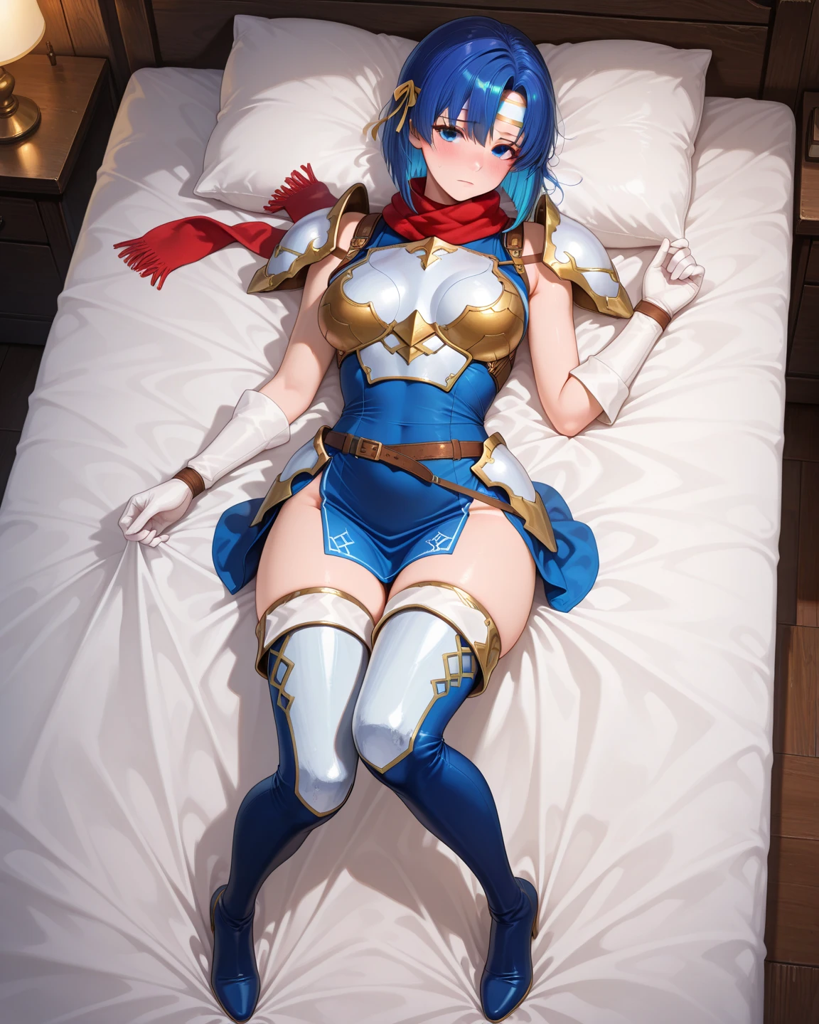 masterpiece, ultra-detailed, best quality, extremely detailed, 8k, high res, realistic, 1girl, 18yo, beautiful girl,(rolling eyes), (half closed eyes),(narrowed eyes:1.2),(open mouth), (tongue out:1.2),(blush:1.2),(Shabby Armor:1.4),blue beautiful eyes, medium bob hair, asymmetrical parted bangs, (dark blue beautiful hair), navel exposed, cowboy shot,lie on one's back, looking at viewer,white background,