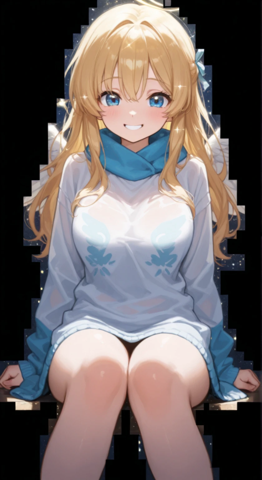 (8K),(anime colored),(masterpiece), (best quality), ((ultra-detailed)), (illustration), (an extremely delicate and beautiful) ,runa_shirakawa, blonde hair, blue eyes, long hair, bangs, 1girl,(1boy1),at night,on the bed1,BREAK,(((1 boy and 1girl are having sex))),missionary position,lying in bed,bird's eye view,(spread legs1.2), (open legs wide1.3),pubic hair,BREAK,(nsfw),pubic hair, cum, (cum in pussy1.1),(sweat1.2),vaginal penis, (open clothes1.1), BREAK, ,(large breast1.2), nose blush,parted lips