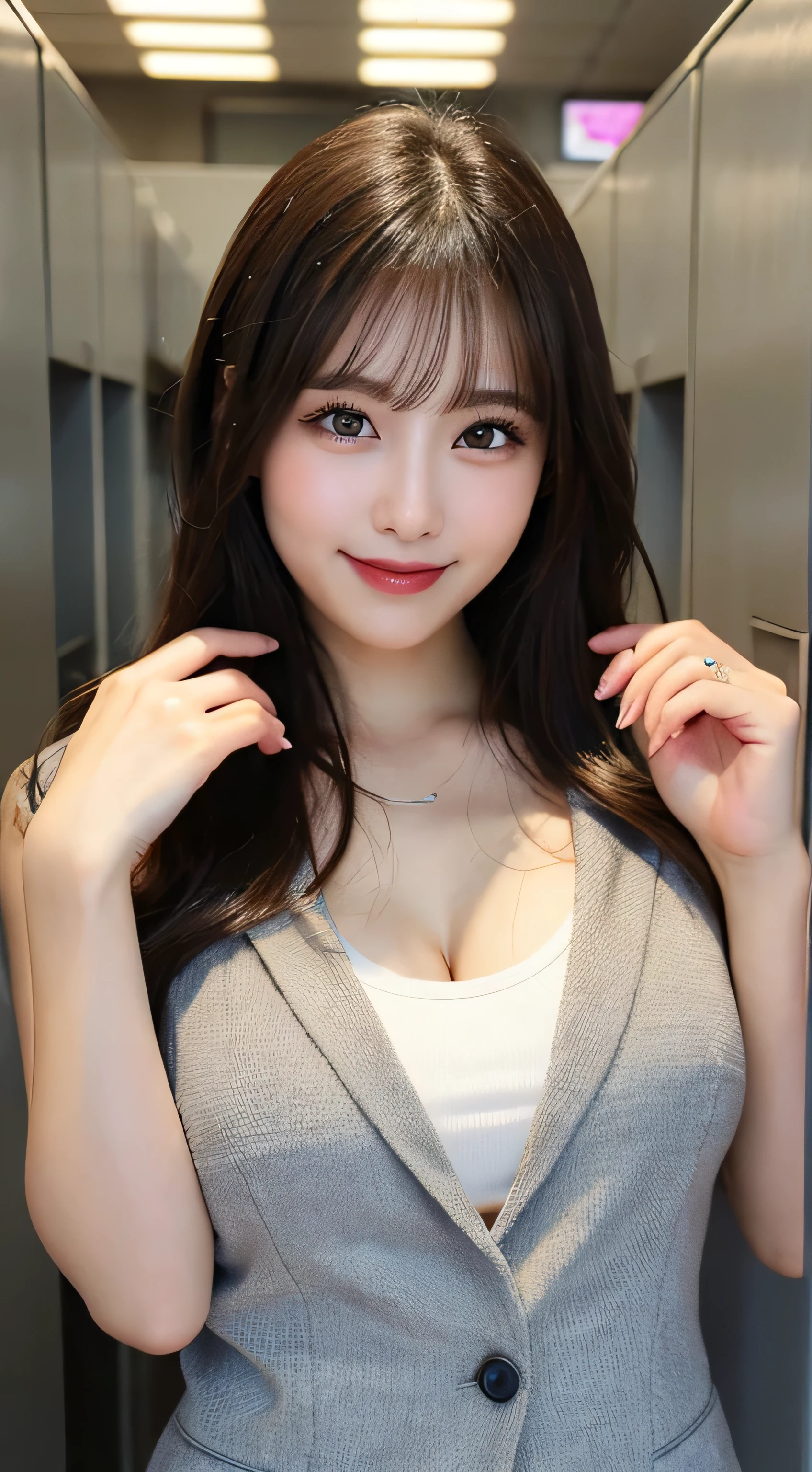 (masterpiece:1.2,Highest quality),Blur the background,1 female college student,((Cute casual clothes)),((Gravure pose)),Wavy Hair,((Beautiful Eyes)),Blushed,Healthy Skin,(smile),(Shinjuku Date),8K resolution