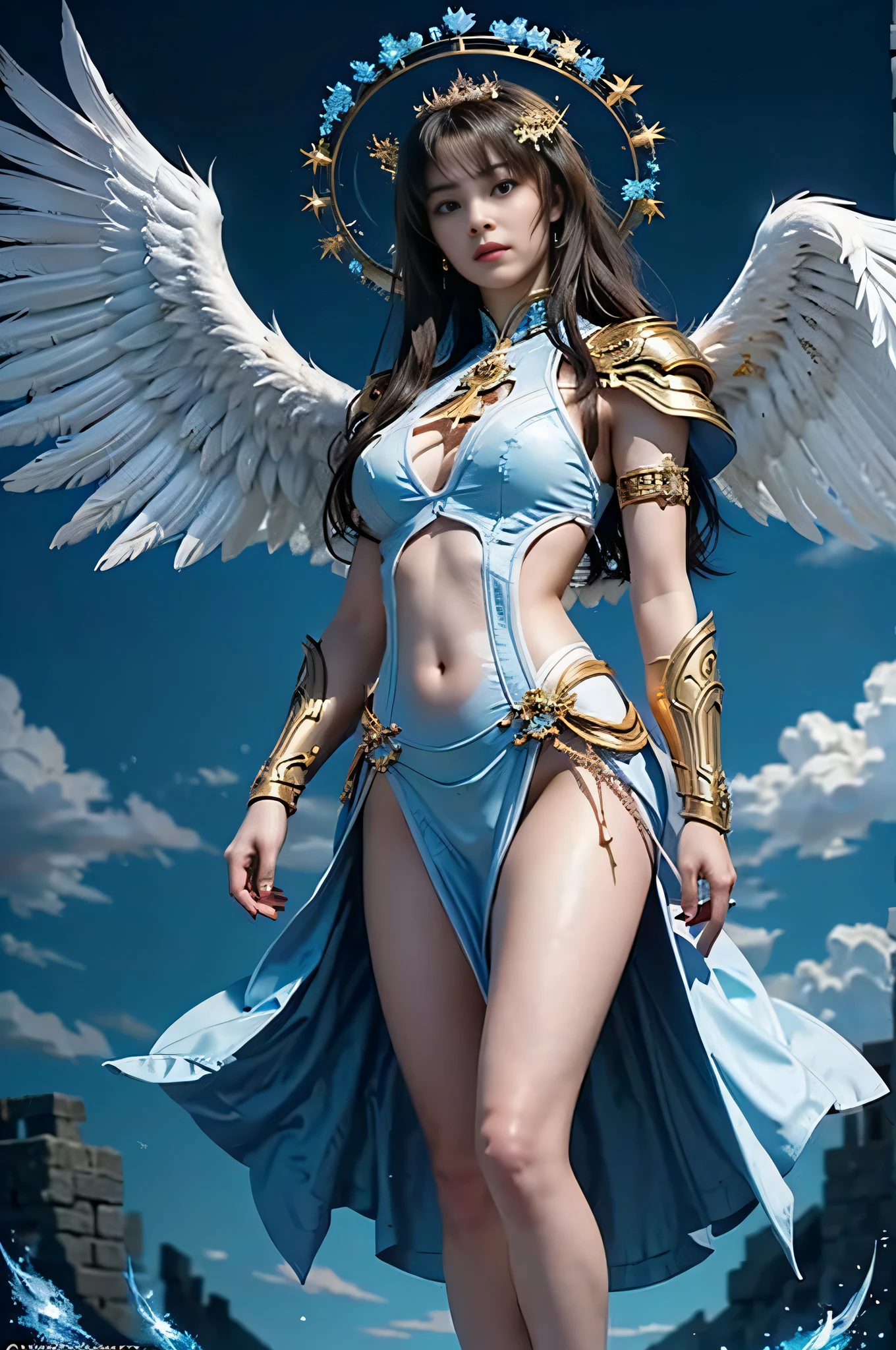 A green long hair in a pompous pony tail harpie lady, harpie caucasian Warrior lady,(((On the arms there is a pair of large white color wings))),((Wearing an intricated elaborated blue metal bikini armor and long boots)),high detail,(beautiful face),long green hair, eagle feet, sky and clouds background, macro,Realistic,hdr(HighDynamicRange, Ray traching, NVIDIA RTX, Hyper-Resolution, illusory 5, sub surface scattering, post-process, Anisotropy Filtering, depth of field maximum definition and sharpness, Surface coloring, Accurately simulate light-material interactions, perfectly proportions, rendering by octane, large aperture, Low ISO, White balance, the rule of thirds、8K raw data, lightand shade contrast