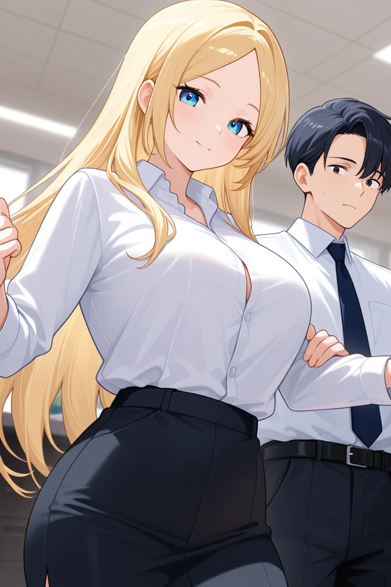 A sensual sexy woman beautiful big breast beautiful attraction long blonde yellow hair her gray eye wears white button down shirt office shows chest red bra and a short purple skirt she kisses young boy blushes she