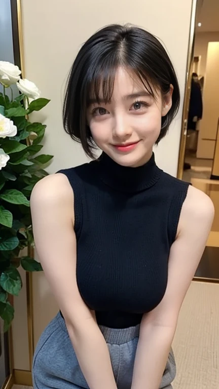 (highest quality、table top、8K、best image quality、Award-winning work)、1 woman、(Perfect sleeveless turtleneck knit sweater dress in random colors:1.3)、(short hair:1.1)、(baby face:1.2)、the biggest smile looking at me、(big breasts:1.2)、perfect fit、(emphasize body line:1.2)、low length、(glamorous body:1.2)、(chubby body type:1.2)、Stand gracefully by the elegant and beautiful window.、(standing elegantly:1.2)、(elegant and beautiful curtains:1.1)、(A perfectly organized and beautiful window in a new house:1.1)、refreshing window、(A refreshing view from the window:1.1)、new and beautiful walls、natural makeup、Ultra high definition beauty face、ultra high definition hair、Super high-definition sparkling eyes、(Super high resolution glossy skin:1.1)、Super high resolution glossy lips、(accurate anatomy:1.1)、(very bright and vivid:1.4)、(Beautiful skin that shines brightly:1.4)