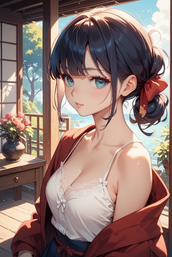 ((Highest quality)), ((masterpiece)), (detailed),((angel)),10 years old, Black Hair,(Childish face),((Straight Hair)), shiny hair, Girl ,Medium Breasts, ((Blue eyes)), (close_up) ((shoot from above)), midnight, blunt bangs, hair bow, hair ribbon, red ribbon, ((pink yukata)), I was dressed loosely,Cleavage, flower, outdoors, Fireworks , 1girl, black bow, cate , masterpiece, ultra realistic, extremely detailed CG unity 8k wallpaper, best quality, stunning environment ,vibrant colors,