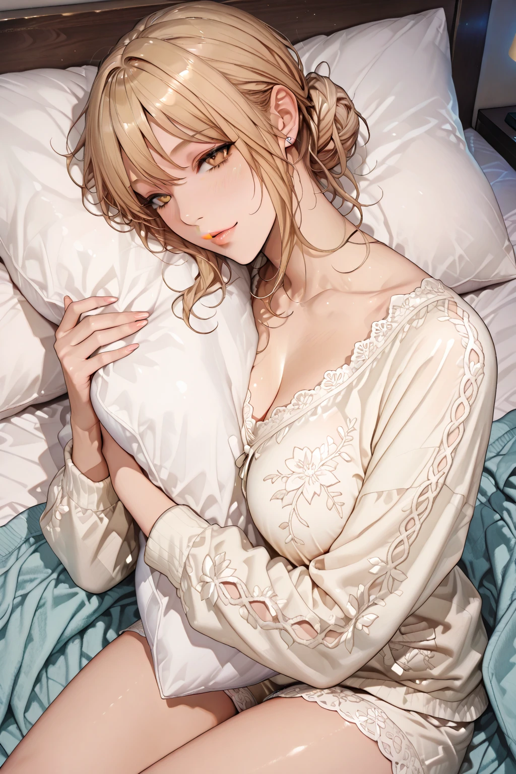 ((((masterpiece, highest quality, High resolution)))), Highly detailed 8K, Beautiful girl with a slender body, (Ultra HD, super detailed, very detailed, very realistic, surreal, realistic pictures), (1 girl:1.5), gray hair, short wavy hair, bob cut, purple eyes, light smile, (big breasts: 1.2), (sunbeam, sunlight, Rose, Wind), Bedroom, lying in bed, blush, Sweat