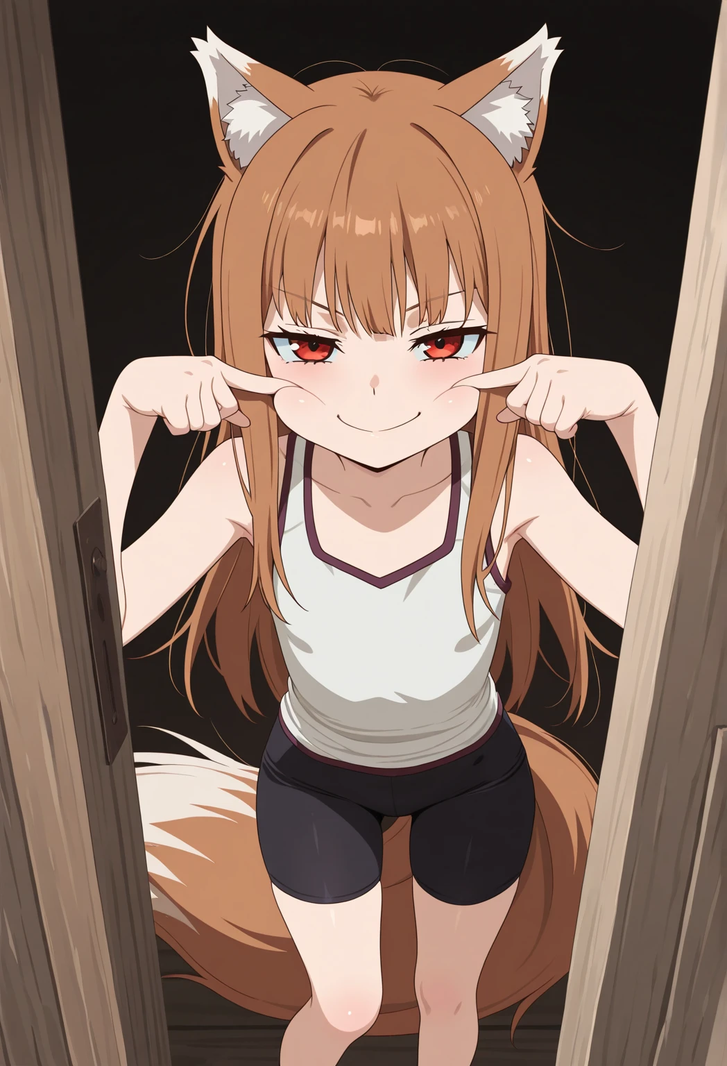 source_anime, anime style, anime screencap, 1girl, holo, brown hair,long hair,red eyes, wolf girl,wolf ear,wolf tail, cute, full blush, penis, sex, cleft of venus, alley, standing sex, from behind, pussy juice, closed eyes, wall, [[happy]],pov