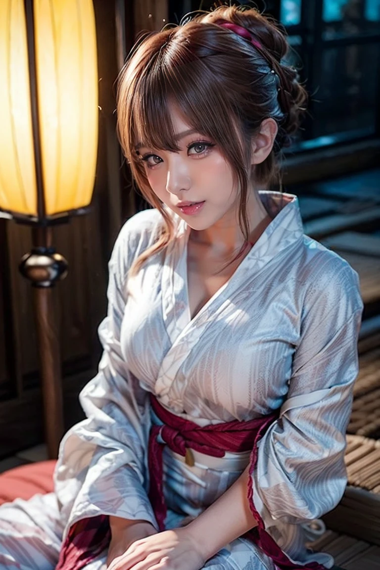 beautiful, masterpiece, best quality, extremely detailed face, perfect lighting, 1girl, solo, matoi ryuuko, japanese clothes, kimono, short kimono, cowboy shot