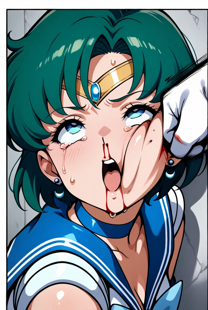Sailor pluto, dark green hair, torn clothes, annoyed, bare breasts, on his knees in front of me, POV makes me a paizuri, POV my penis between her breasts, in an alley at night, white gloves. cum splash on her breasts, open mouth, crying, mouth full of semen, semen draining from her mouth.