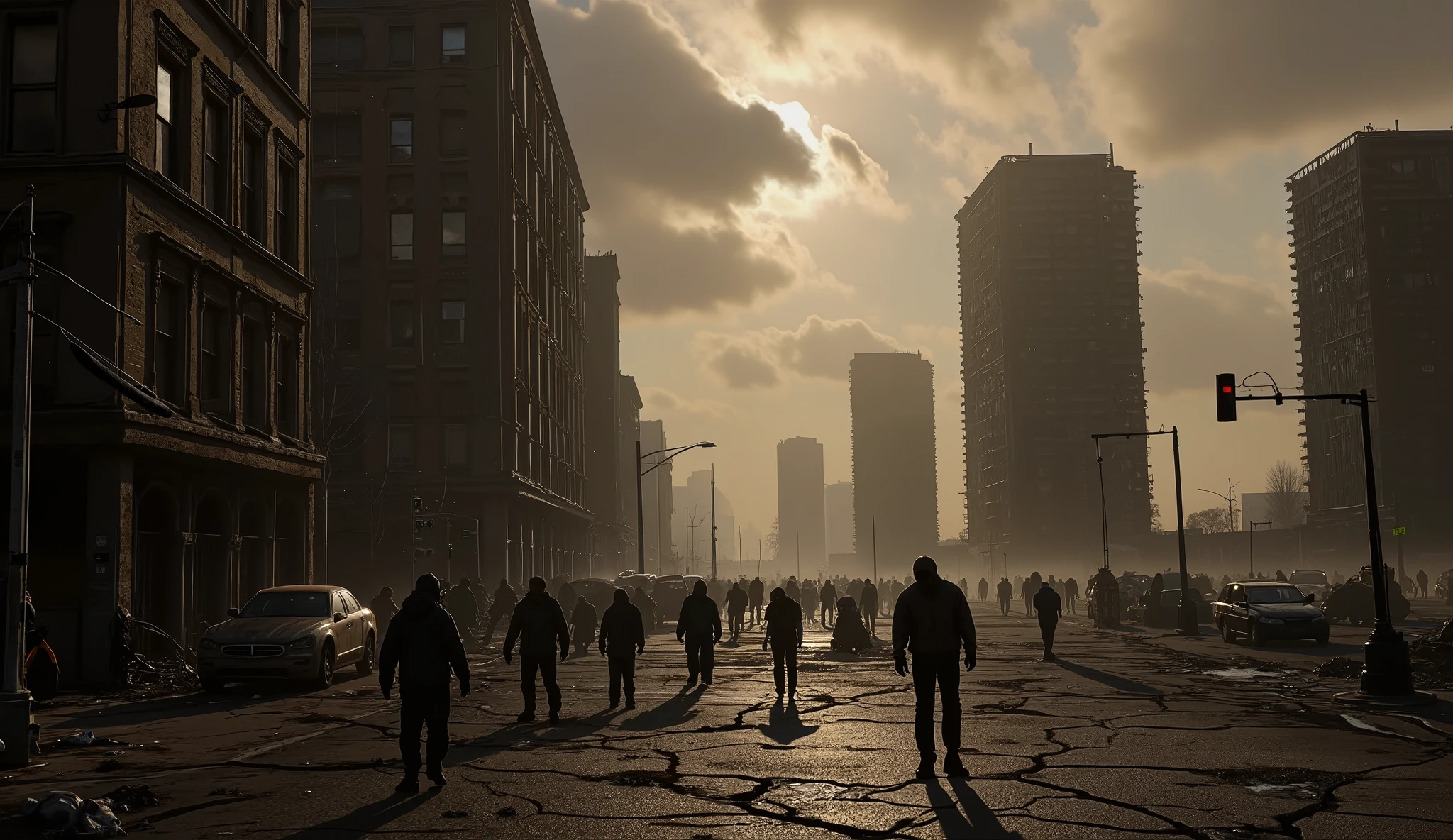 Zombie apocalypse cityscape, post-apocalyptic style, ruined buildings, desolate streets, ominous sky.