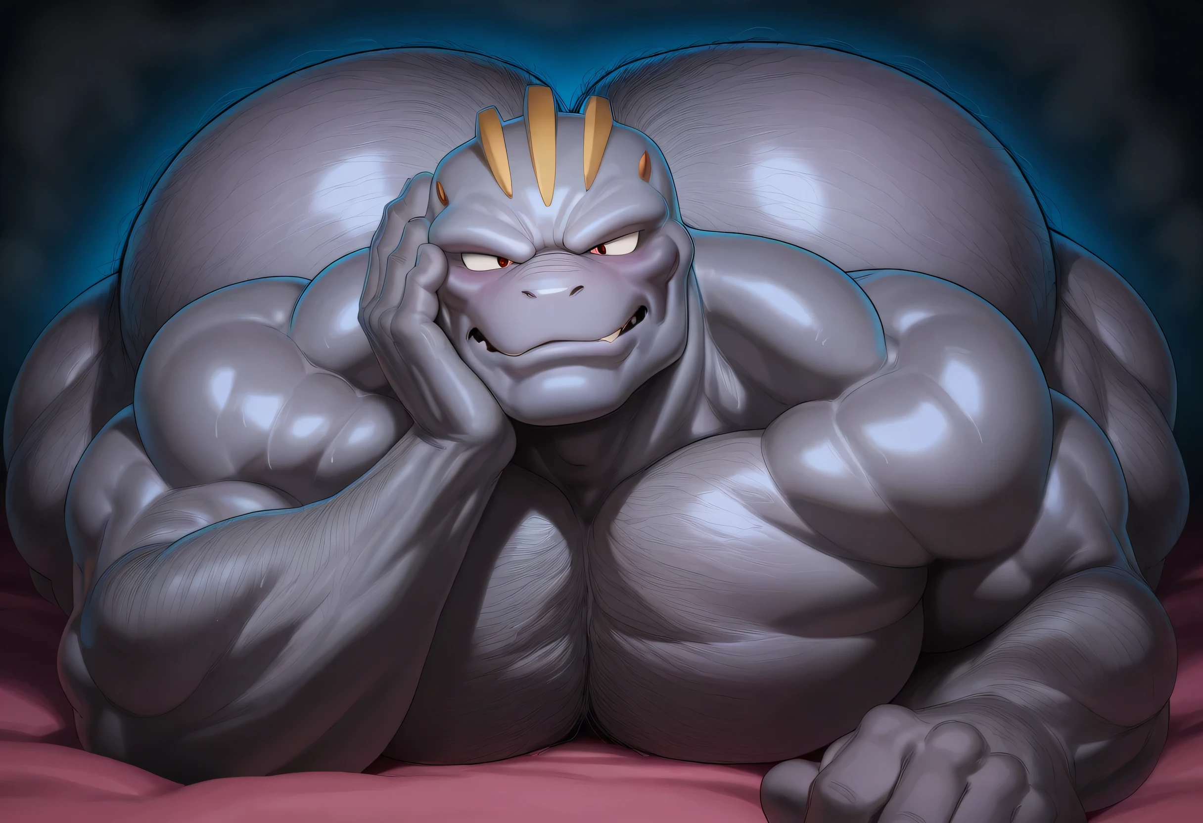 justmegabenewell,2024,source_furry,rating_explicit, zPDXLxxx:1.0, shading, masterpiece,newest,absurdres, perfect quality, best quality, perfect anatomy, 1boy, machoke, bara, muscular, simple background, topless, front view, posing, Nice angle, huge  pecs, Nice eyes, upper body, naked, (lying on stomach) , (hand on own cheek), grey body,  Big ass, hairy, 