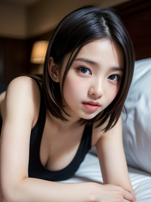 Japanese female 1 person, Black underwear. (White skin: 0.5, ), The look of temptation, (RAW Photos:1.2), (Realistic), Exquisite face, alone, Full body shot, background:Dark hotel room, (Hair Color:Brunette, Ponytail, )