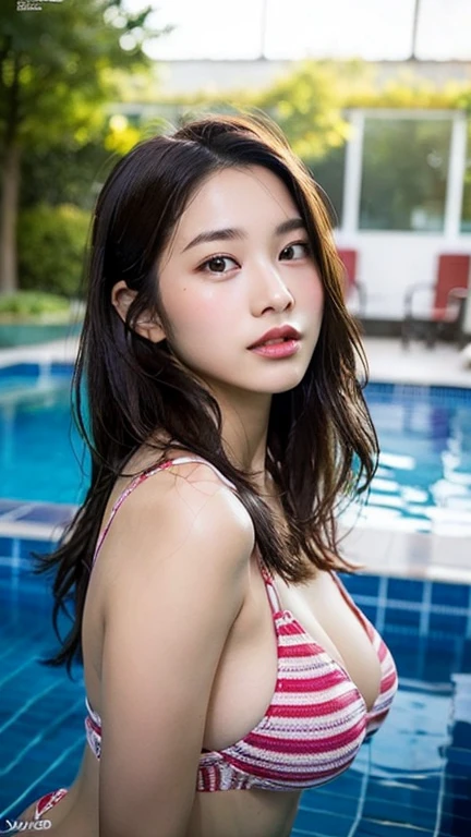 Dark brown hair、Light brown eyes、Japanese actress、 Lady、I am about 40 years old......、(Intricate details:1.2)、(Which is more expensive??????:1.4)、 (Ultra-high resolution:1.2)、Ultra-high resolution、(fine adjustment)、(Detailed facial features)、Hmph、8k resolution、D cup size breasts、Hair length、By the pool、Venice hotel pool、Venice hotel pool、Sitting on a beach bed iBy the pool、You can see the pool in the back、Extravagant space、relax、T-Shirts、濡れたT-Shirts、Water Drop,Full body photo、Head to toe shot、lying on a beach bed、Photographed while lying on a beach bed、Lie down with your butt up、Accentuate your breasts、Gentle expression、