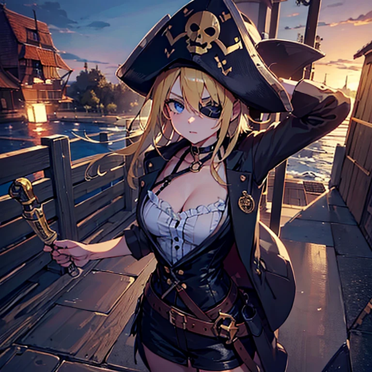 (Satoko Hojo), Pirate War, Pirate Flag, Broken ship, fierce fighting, Scream, Ship deck, inflammation, cigarette, Brave Leader, anchor, Seagull, (Yellow Hair), blonde, Purple eyes, short hair, Pirate Hat, Small breasts, I&#39;11 years old,