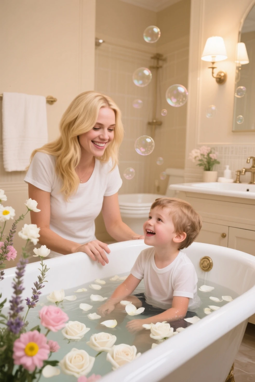Woman and child in the bath,Wipe your child's hair with a towel, beauty shot, true realistic image, bottom angles, Morning glow, a warm color palette, product introduction photos, SleekDesign, advertising photograph, author:Thomas Hefner, Innovative product ideas, premium bathroom design, Master, v ray, an award winning masterpiece, dark-toned product photos, detailed scene