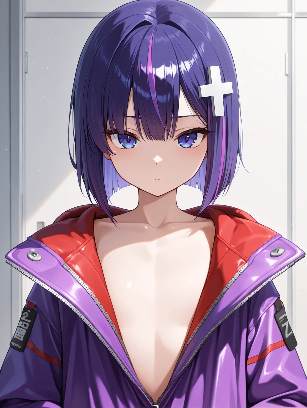 a mysterious figure with purple and blue hair with completely naked white skin including underwear