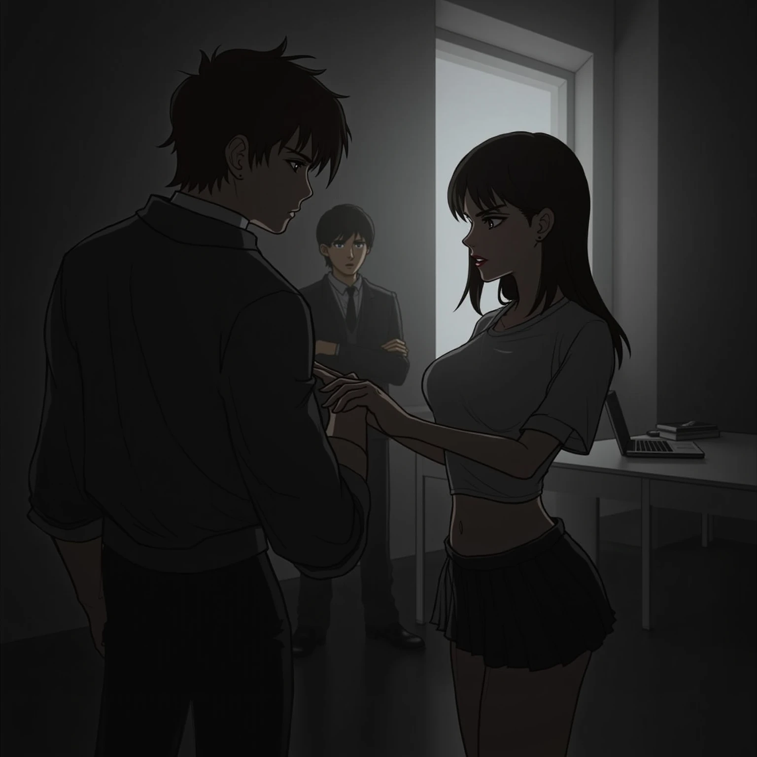 Two people
1 Man, handsome, white shirt, black hair, blond pupils, panicked expression
1 woman with black hair, blue eyes, delicate face, white dress, panicked expression
A dimly lit room
Two people against the door