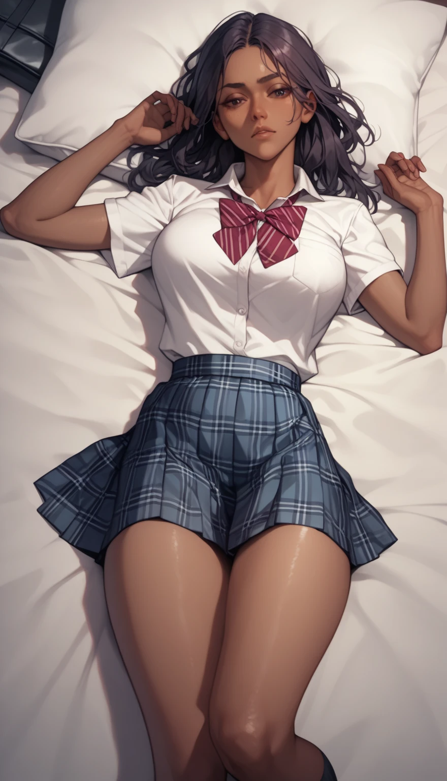 no panty, yellow plaid skirt, white stockings, big bust, small hips, short black hair, bedroom, dark skin, spread legs, upskirt, wet underwear, girl laying on bed