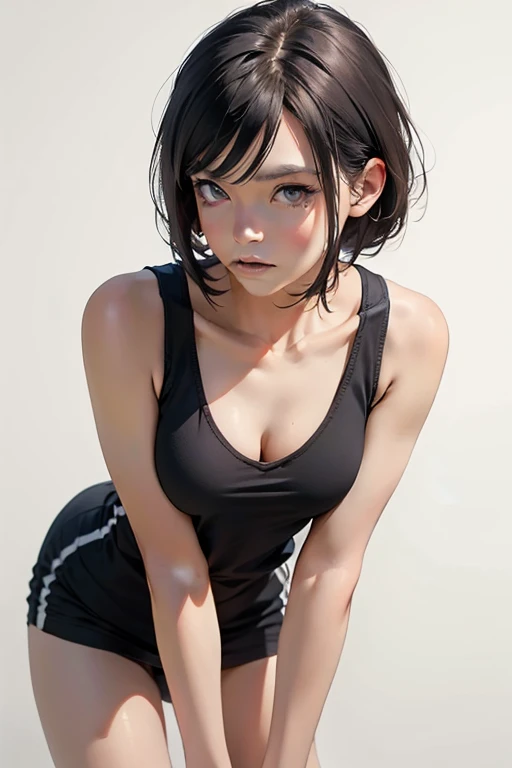 Highest quality、Realistic、、zoom、Primary school students、Girl、look up、cute、Light grey eyes、Black Hair、、short hair、White leotard、Gymnast、Sweating profusely、Shy laugh、Flat Chest、Bust Shot、thin。Leg spread、gym