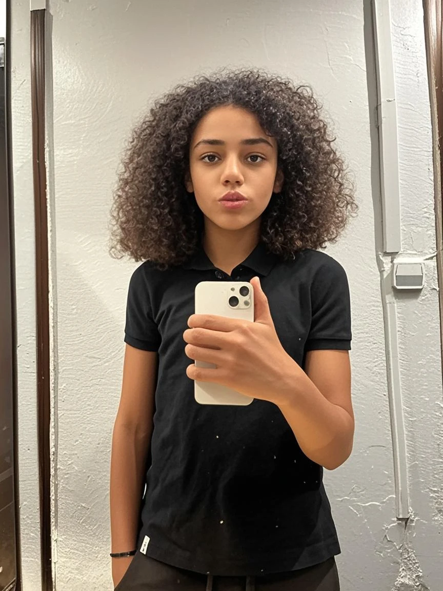 there is a woman taking a selfie in a mirror, greasy hair, frizzy hair, in her hair, messy curly hair, hair is the focus, her hair is in a pony tail, curly hair, a black man with long curly hair, her hair is white, text and a pale young woman, her face framed with curls, tessa thompson inspired, Big tits, huge tits , no clothes, sexy, cute, minimal clothes, thick, bbw, chubby stomach, thick nipples, nipple piercings, large areola, hard nipples, piercing through shirt, nipples hard through shirt, busty, major cleavage, naked, ripping through top, spilling over sides, bra too tight, giant , extra wide hips, upper body zoom in, showing off huge , fat stomach, see through top, fat bbw, large areola showing, major cleavage, latina, down to stomach, wide hips, sexy, upper body zoom, thick arm, showing off , top half only, showing only upper, only a bra, showing off cleavage, naked, big  showing, big  out, no clothes