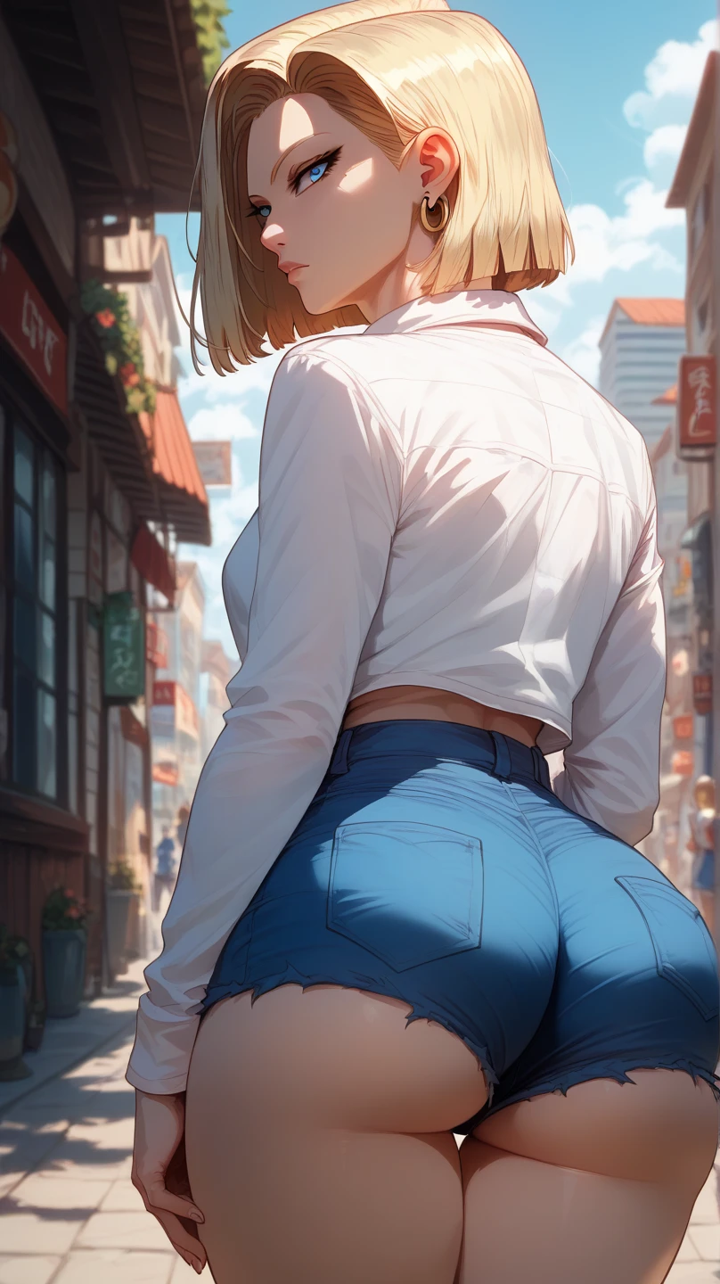 Anime Kawaii sexy Perfect Slim sensual body large breast and huge thighs, An intricate and highly detailed illustration of anime (Young girl). (8k、Superior image quality、Maximum quality、Masterpiece artwork)、A detailed face、1 girl in、A brunette、hypdertailed、clear blue eyes、piercings、sorriso nefasto、very Bigger breasts、white  shirt、sleeveless、Broad Hips、light blue denim、Long pants、cowboy shot、put your hands on your hips、ass pov、city background