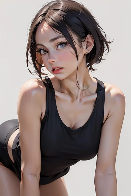 woman, cropped-fc, cleavage, sports bra, detailed face, colorful clothing, park, sky, trees