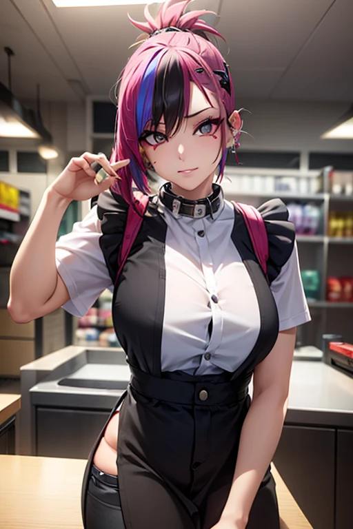 masterpiece, Highest quality,  Unreal Engine,  Super Resolution,  Very detailed, 

1. Young and beautiful woman,  Glasses, pink hair bun, Waist,  thin, Round Breasts,  Big Breasts,  bold,  Lips parted,  Observe the audience, 

Yakitori restaurant, Sitting, Eat Yakitori, Waist shot, 

Simple background anime style,  Key Visual, Office lady in suit, Sticky with sweat,