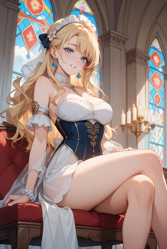 an cartoon painting of a women in underwear on a couch with lights surrounding her, 1girl, breasts, solo, blue eyes, sitting, large breasts, hair ornament, cleavage, jewelry, thighhighs, flower, looking at viewer, crossed legs, earrings, smile, hair flower, bare shoulders, thighs, white thighhighs, blonde hair, dress, choker