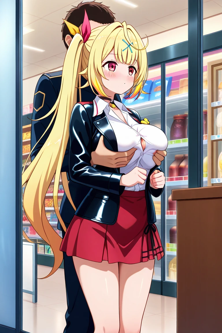 Two Women、teenager、Arcade、UFO Catcher、UFO Catcherで遊ぶ、Arcade Game Machines、high school girl、Blazer uniform、Gingham check pleated skirt、Short pleated skirt、黒Gal、Gal、Tight panties、Colorful manicure、Low - Angle、Galピース、Galポーズ、黒のsatin panties、blonde、 Side Ponytail、Gal化粧、Spread your legs、Heavy makeup、mascara、Dark eyeshadow、Brown skin color、Beautiful woman、Very thick thighs、Unbuttoned shirt、loose socks、Scrunchie、Acme Face、Best image quality、High resolution、masterpiece、super high quality、Spread your legs、satin panties、Satin Bra、Very big ass、Very large breasts  、blush、4k quality、blush、Cowboy Shot、{Highest quality}, {so beautiful}, {Very detailed}, {Best illustrations}, Browsing Caution, 