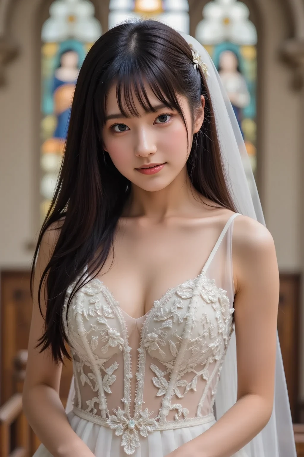 (masutepiece), Best Quality, Highest Quality, Highly detailed CG Unity 8k wallpaper, Original, High resolution, (depth of fields: 1.5), fidelity: 1.3, breasts, Bride portrait style, 1 girl, drapes, veils , Bridal Veil, wedding dress, drapes, Jewelry, Solo, earrings, tusk, bride, Black_hair