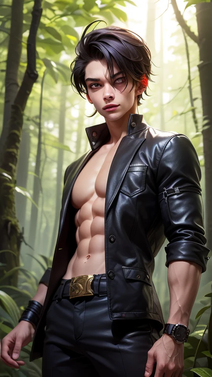 ((Best quality)), ((masterpiece)), (detailed), ((perfect face)), ((halfbody)) handsome face, male, teen boy,  perfect proportions , colorful vibe ((perfect face))arafed male model leaning against rock wearing thong, by Yang J, yanjun chengt, by Yang Jin, inspired by Yanjun Cheng, male art, handsome anime pose, attractive male deity, handsome wearing necklace, bracelet and earrings, with open vest and shoes, japanese demon boy, by Zhou Fang, sakimichan frank franzzeta, by Victor Wang, ig model | artgerm