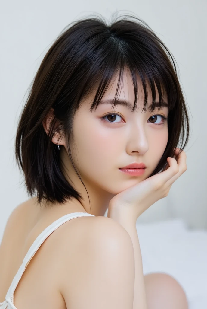 (The background is a pure white wall:1.8)　(One of the most beautiful 24-year-old women in Japan)　(from above)　((highest quality)), ((masterpiece)), (Familiar)　(Get used to it)　Perfect Face　(Her skin is a typical Japanese skin color..、Very detailed)　(Her hair is very Shiny, Shiny, Fine and detailed.、My hair is thick and silky.)　(big breasts)　(She&#39;s wearing a shiny white silk shirt)　(Her face is slim and dignified.., Long, narrow eyes..々Nice face)　(Her bangs Well-organized)　(She has perfect beautiful makeup　Lipstick is light red　A solid eyeliner)　(Her hair is a beautiful black color.)　((Rich 1.4))　(Extremely detailed 8K)　(Stable diffusion model)　(Ultra-fine skin texture 1.4)　(Actual, Vibrant:1.4), double eyelid　Sharp focus:1.2、Beautiful woman:1.4　Dynamic Lighting　(Genuine RAW photos taken by professional photographers)　　(Her long bangs, Reaching up to her eyes, Well-organized)　(She looks down on the viewers.)　(A close-up of the face from the neck up with the whole body facing the viewer)　((Her hair is incredibly straight、Very shiny and silky beautiful、Very detailed, fine, and very thick, jet black medium length hair))　