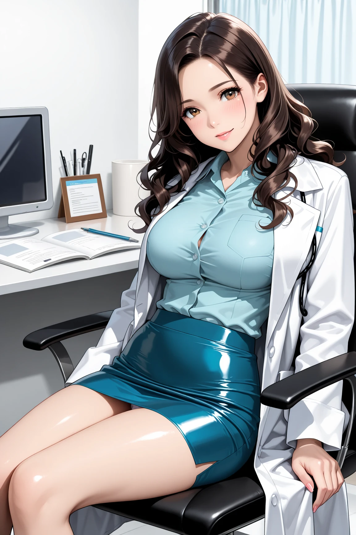 Realistic anime art,Hentai anime, hentai artist,solo,love live,highres,yellow eyes , sakurauchi riko love live, blush,cleavage ,collarbone ,doctor ,infirmary ,lab coat , pencil skirt , sitting on chair, crossed legs, thighs ,head tilt