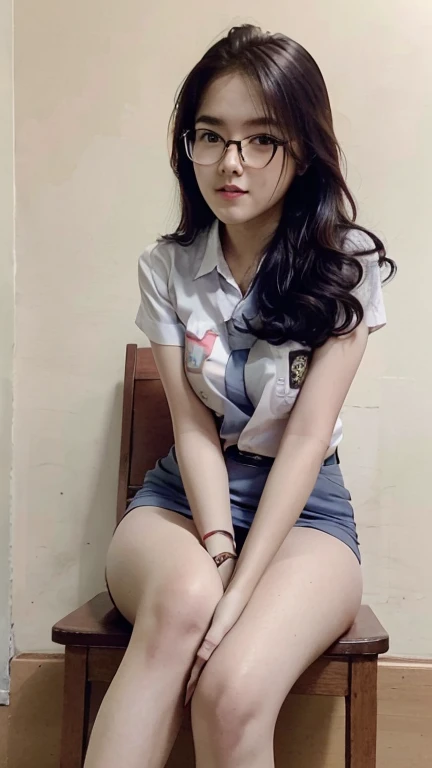 (masterpiece, best quality:1.2), (realistic,photo-realistic:1.4), RAW photo, highres, extremely detailed, intricate details, cinematic lighting, (front view:1.3), Girl sitting on chair, open crossing leg, visible white panties
, (full body,loafers:1.5), large breasts, (fine fabric texture, white shirt, skirt, school bowtie, socks:1.2), detailed eyes, detailed face, fine-textured skin, pale skin, indoors, photo background,