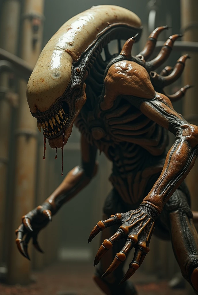  ((best quality)), ((masterpiece)), (detailed), an alien creature, (gigeresque), (velociraptor form), pale, milk-white skin, translucent skin, smooth skin texture like a dolphin, no hair, round head, (bulbous head), (xenomorph head), (atrophied eye sockets), (smooth face), (bright prominent gums), (a long tongue like an elephant trunk coming out of the mouth with a squid-like beak at the tip), (protrusions along a skeletal ridged back), (breathing holes on the chest), a tail that splits into three tentacles, (walking on long skinny arms), where the legs would be is another set of arms that are used for grabbing, H R Giger, Clive Barker's The Thing, xenomorph, predator, Engineer, dinosaur, sci fi horror, cosmic horror 
