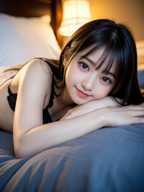 Photo-realistic quality、透け感のあるBlack slip、Sitting on the bed, 20-year-old Japanese model in a sexy dress, A stylish, revealing lace slip, Elegant lace slip,Lovely lady, Sexy Style, Black slip,looking at the camera、Detailed and beautiful eyes、Cute smile、A soft and gentle look、Medium chest、Sitting sideways、Beautiful legs、Shooting from a high angle