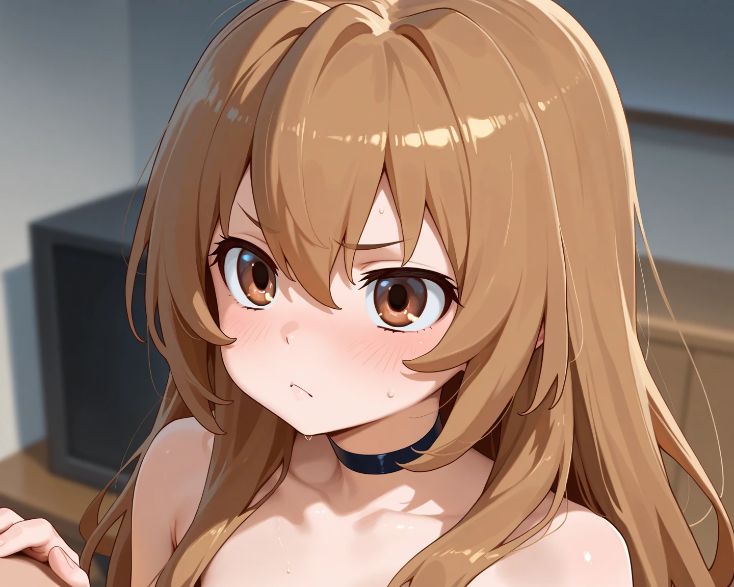 masterpiece,best quality,1girl,breasts,long wavy hair,brown hair,light brown hair,purple eyes,hair over one eye,1girl,purple eyes, hair over one eye, bangs disheveled strand hair, mature, ahegao_face, sports bra, thong, bedroom, paizuri,