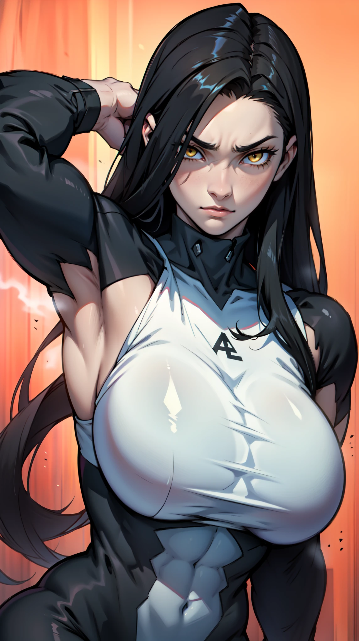 sweaty girl empty eyes messy hair massive hair black hair yellow eyes giant muscles massive breasts pale skin