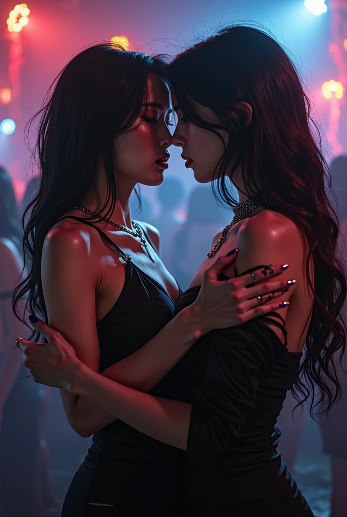 black woman hair in a bun black hoodie black leather short shorts a old grandma in a dress kissing her ass behind her squeezing her sexy ass in a club