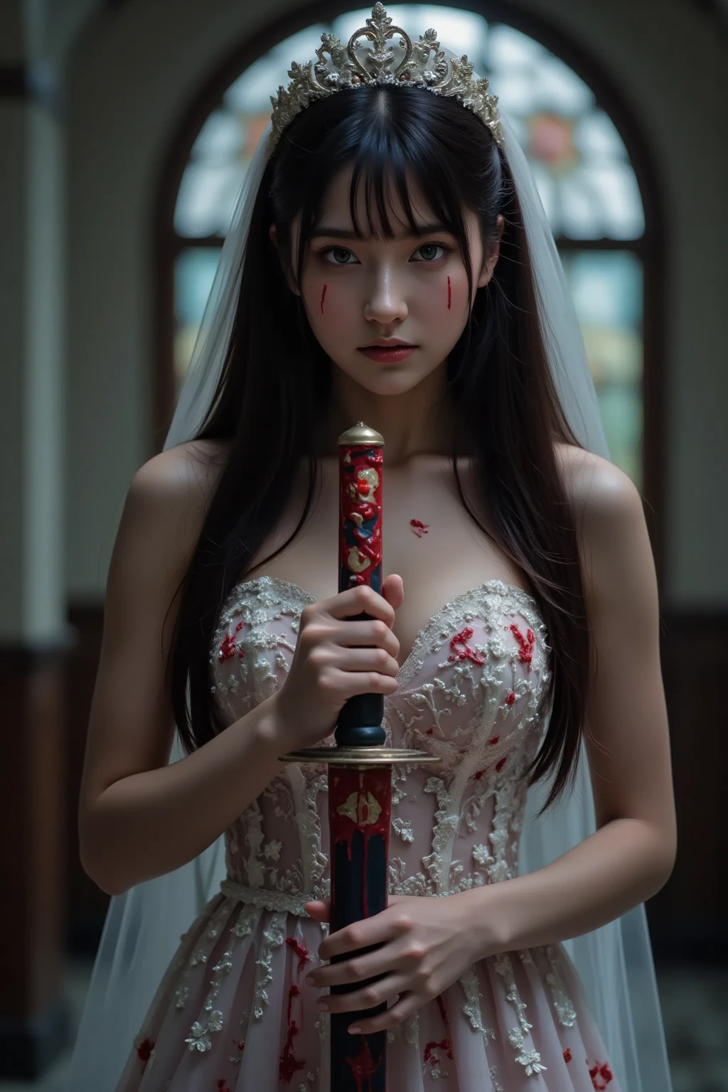 8K、Top image quality、masterpiece、25-years old、(1 adult female)、White Off Shoulder Dress、Horror style、angry expressions、The dim、A knife with blood glows suspiciously、various parts of the body are cut out and bleeding,、Blood vessels in the hands, arms, and chest are faintly visible、There is also a lot of blood in clothes.、She's pretty excited、She holds a knife in the dim light、Glaring at us