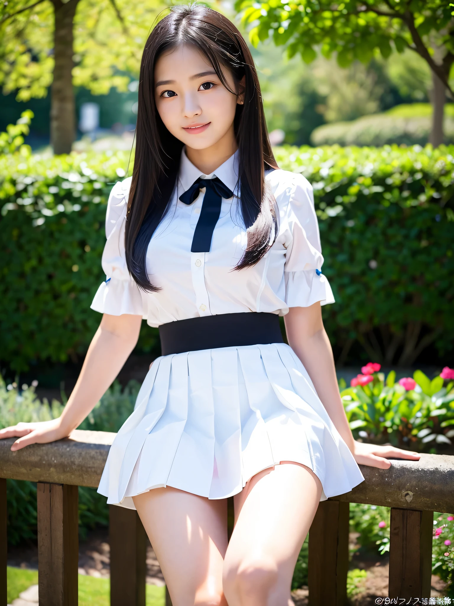 sit with your legs spread apart,(8K、RAW Photos、top-quality、masterpiece:1.2)、(realisitic、Photorealsitic:1.37)、(((solo))), ((one 18-year-old Japan idol girl:1.2))、(Cute smile、Raise your face slightly)、(Pink sport_bra )、((Navy blue pleated mini skirt))、(White High Socks)、(((White panty with ruffles at the edges)))、white-skinned、shinny skin、Realistic skin feeling、Beautiful face、Young Face、big eye、Black eyes、lofty nose、Dark hair、Straight long hair、Letting down your bangs、((NSFW))、(((Sit on the stairs of the evening performance)))、(Trees around)、(Park at night)、(Moody lights on street lamps), cute smile,