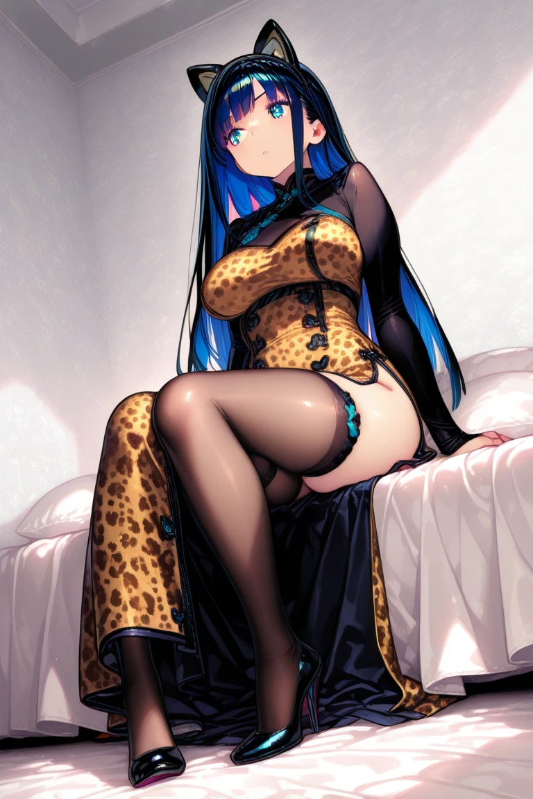 ((Best Quality)), ((Masterpiece)), (detailed), perfect faces, black hair, blue eyes, large breast, sexy, cum in pussy, breast milk, tiger patterned lingerie, tiger patterned underwear, bed