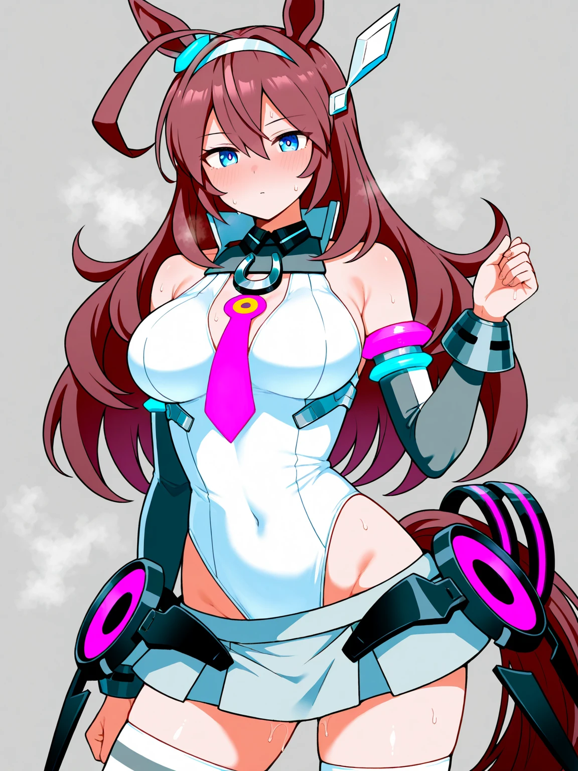 high quality, alternate costume, clear skin, (masterpiece, best quality, ultra detailed, detailed background, complex background), (perfect face, detailed face), perfect anatomy,(highres) BREAK <lora:mihono_bourbon_loha_lion-000009:0.7>,mihono bourbon \(umamusume\),1girl,horse tail,solo,angry:1.2,open mouth, blush,large breasts, completely nude BREAK (white_leotard:1.2,skin tight:1.2),white thighhighs:1.2 BREAK standing,bent over,hands on hip, cowboy shot,looking at viewer, simple background