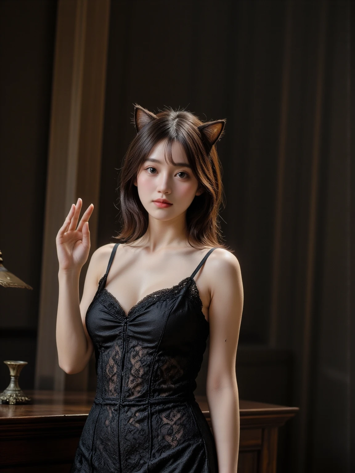 Best quality: 1.4, high resolution, perfect lighting, solo woman, big breasts, cat ears, toys, shortcuts, moon, night, outside