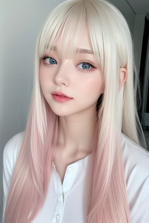 forehead、Big Breasts、Northern Europe、Russia、beautiful girl、Platinum Blonde Hair、Blouse with collar and sleeves、Straight long hair、Hitting the face and front of the eyes、Big blue eyes、Northern Europeの若者、Perfect body、White tendons、Glowing Skin、Young and beautiful skin、A perfect and beautiful little face、Bright makeup、Pale pink lips、Bright expression、16-year-old girl、lipstick、Viewer's vision、Golden Hour Lighting、Bokeh Atmosphere Perspective、detailed、Movie Light、複雑なdetailed、High resolution、 フェイスデザインのdetailedな特徴、Attention to detail、Clear focus、Smoothnesasterpiece}}