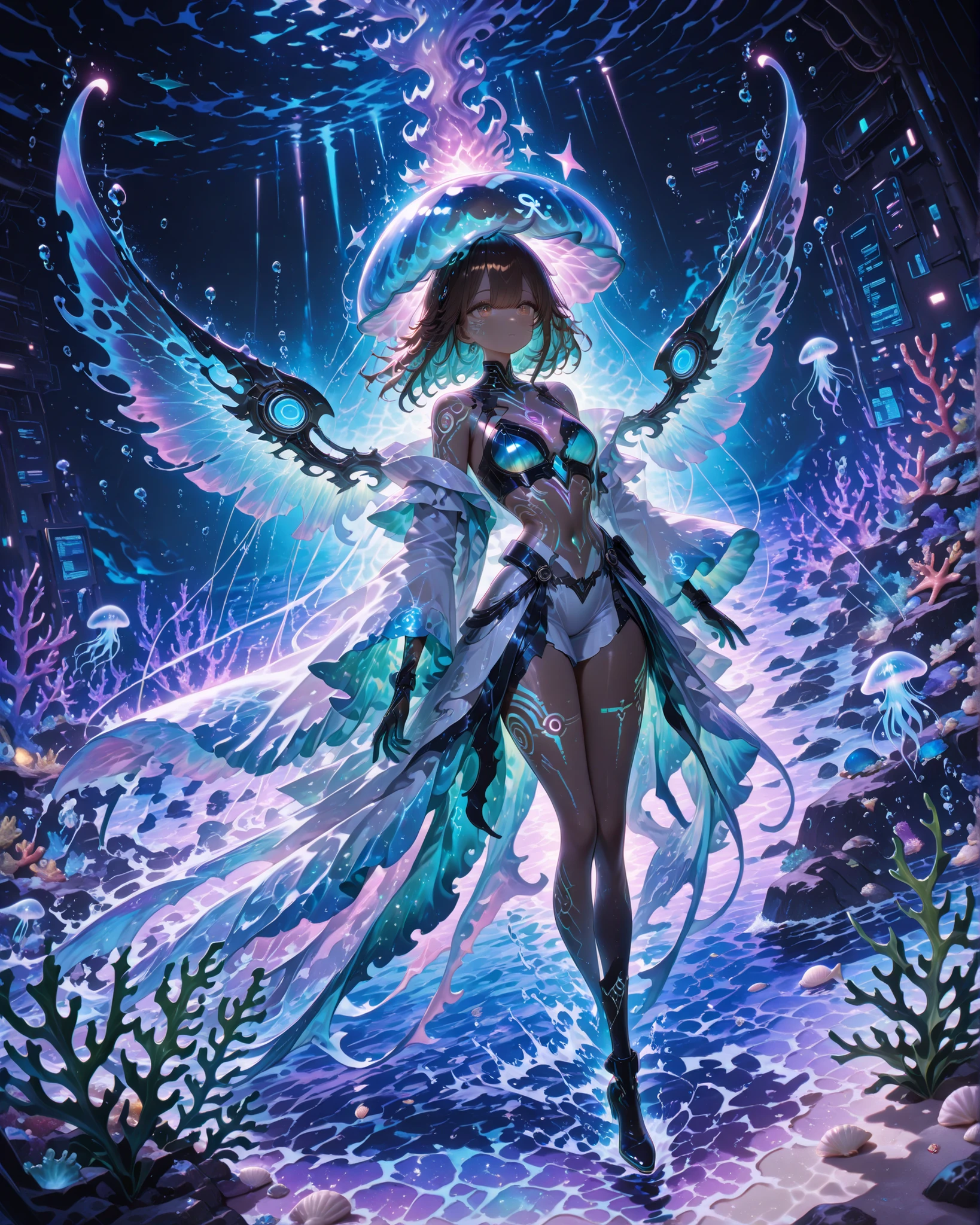 Highest quality,Highest Resolution,Smiling beautiful girl in maid leotard,White angel wings on your back,Halo,High leg,Frills,Knee-high stockings,front,whole body,up,universe,Milky Way,meteor,Very beautiful eyes,