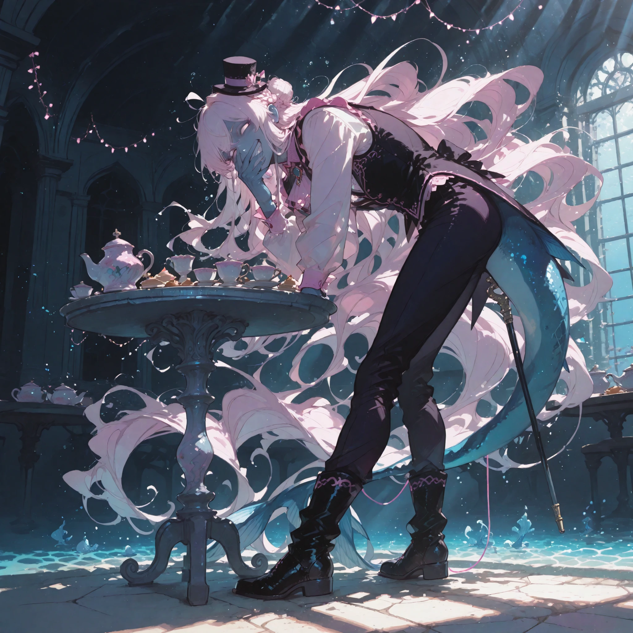 face, closeup, foreshortening, leaning forward, laughing, standing, cruel smirk, hand over mouth, closed off posture, looking at viewer, from side, 1 ((man)), naiad, (((no pupils,))) (absurdly long wavy white hair), fanged bangs, crown braid, braided bun, (mini top hat,) blue skin, even skintone, (merman ears), pink ((gothic)) regency fashion, long eyelashes, black regency boots, waistcoat, (((long))) skirt, ((legs)), pants, cane, (((handsome))), (((masculine))), ((manly,)) sharp lines, rounded shapes, ultra quality, HDR, 8k, kawaii, cel shading, amazing composition, aquatic, underwater, seahorses, seashells, aquatic motifs, royal court, blue ornate architecture, fancy tables, fancy chairs, (((pink string lights))), tea, pastries, tea pot, sunlight