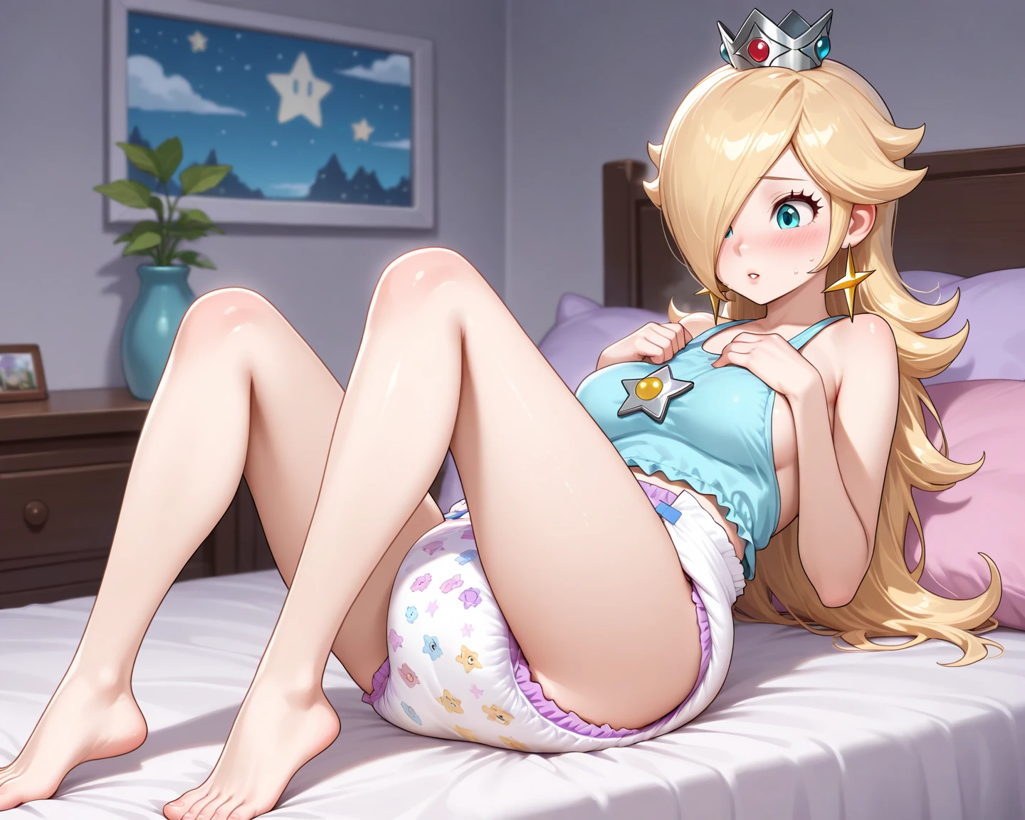 highres, masterpiece, perfect luminosity, flower, cinematic lighting, bedroom, lying, adult, perfect skin, female, ((cowboy shot)), squatting facing with spread legs, smile, ((micro string bikni, no bra, topless)), narrow waist, (Princess Peach), detailed eyes, blue eyes, choker, sexy pink lips, ((shiny lips)), pumps, glowing skin, beautiful light, (day: 1.3), shiny, hot, sexy, nsfw, medium breasts